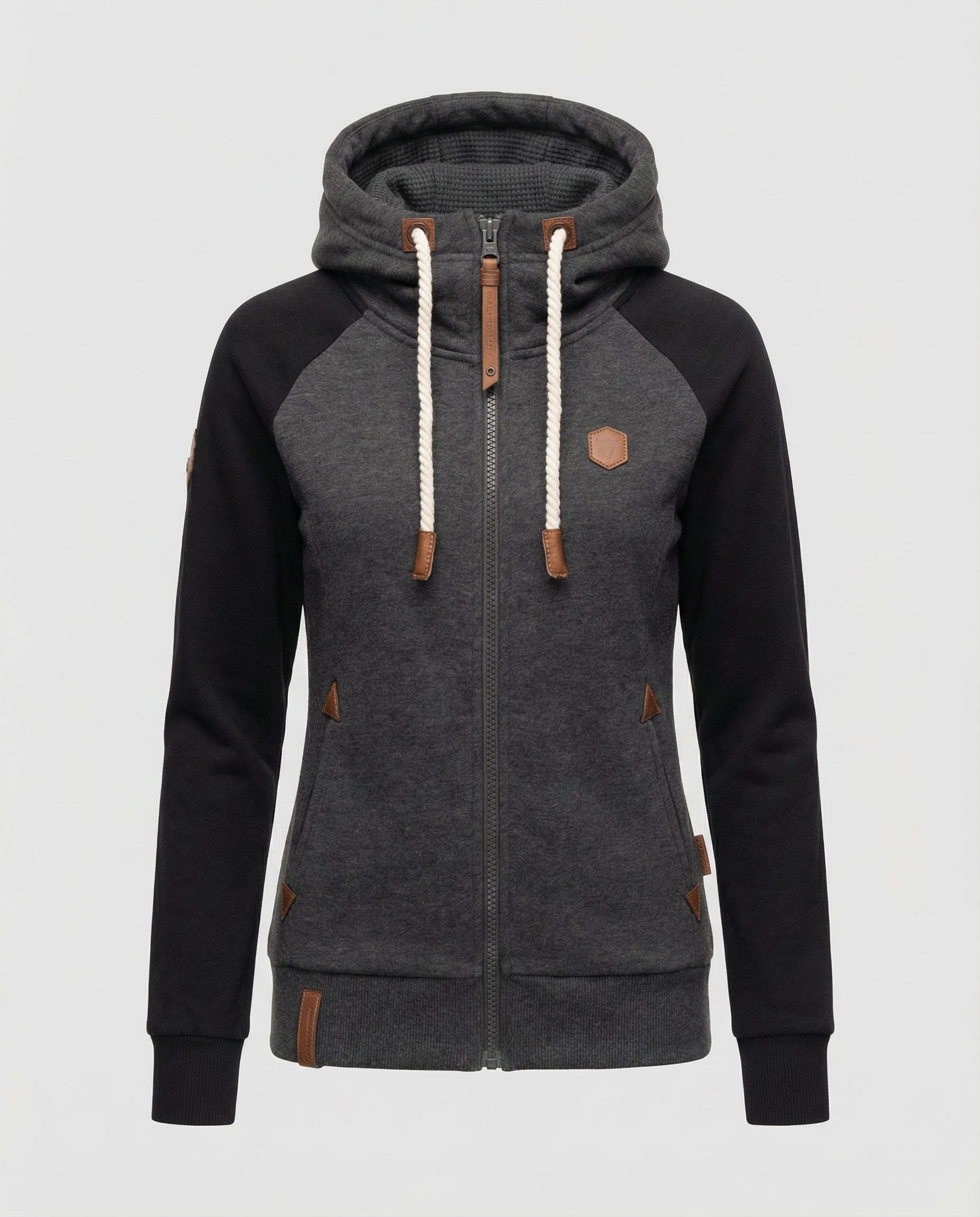Lena Schwarz Zweifarbige Fleece Sweatjacke mit Kapuze und Reissverschluss für Damen | Casual Freizeit - XS/S/M/L/XL/2XL