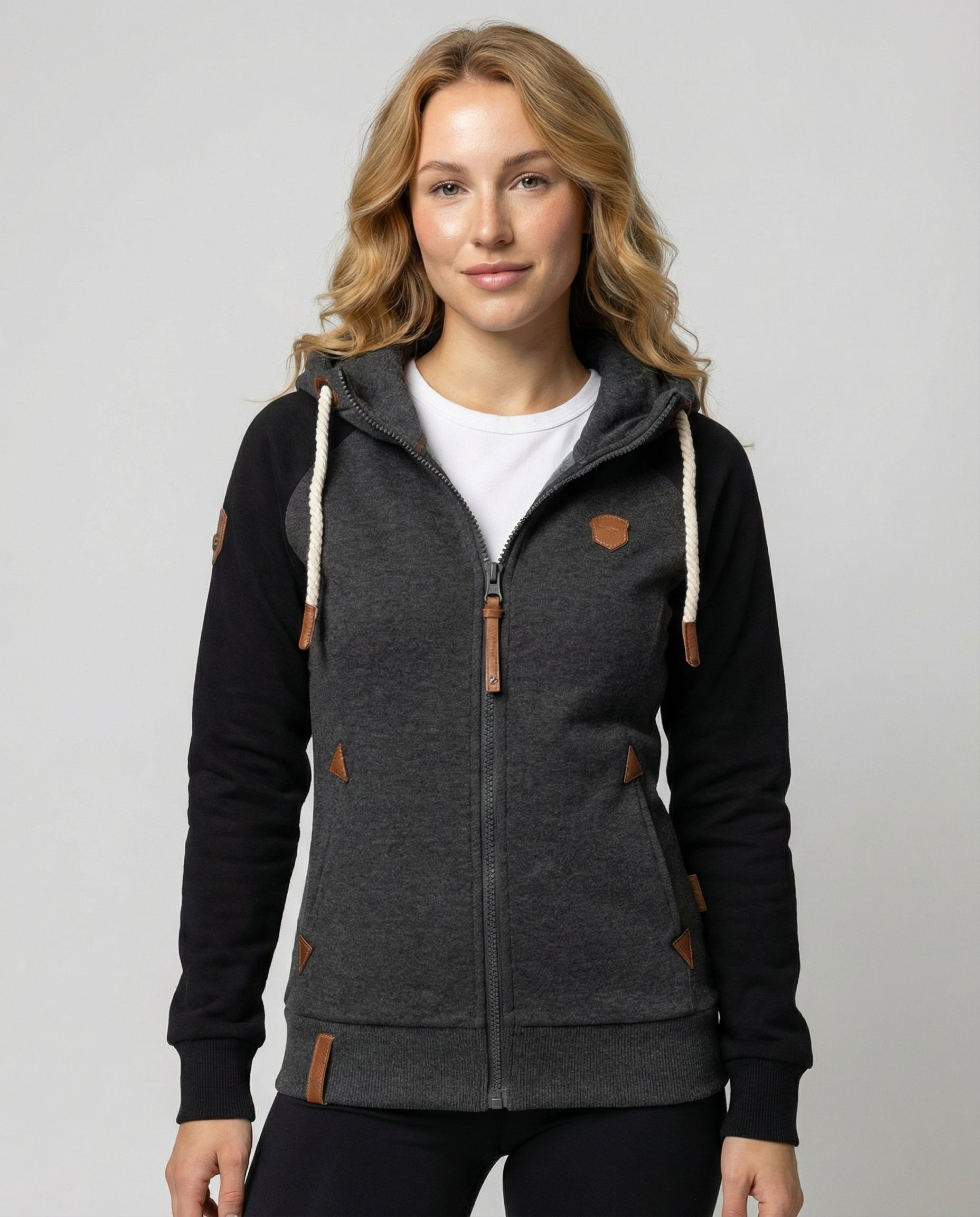 Lena Schwarz Zweifarbige Fleece Sweatjacke mit Kapuze und Reissverschluss für Damen | Casual Freizeit - XS/S/M/L/XL/2XL