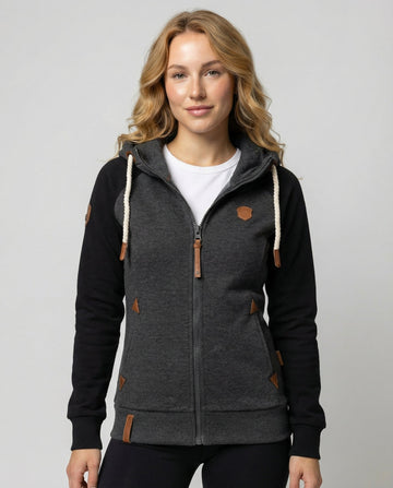 Lena Schwarz Zweifarbige Fleece Sweatjacke mit Kapuze und Reissverschluss für Damen | Casual Freizeit - XS/S/M/L/XL/2XL