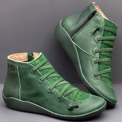 Sybille Grün Gefütterte Leder-Optik Schnür-Stiefelette für Damen | Warmer Vintage Casual Stil - 35-44