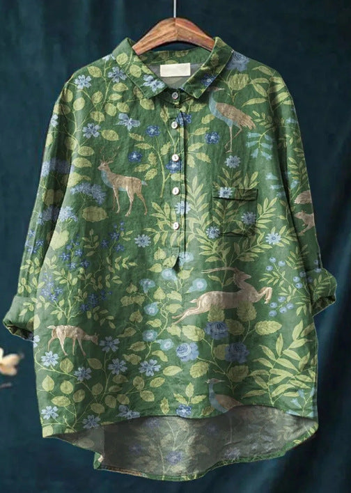 Vreni Grün Natur-Print Bluse für Damen | Leichte Baumwoll-Leinen Passform | Alltag & Freizeit - M/L/XL/2XL/3XL/4XL