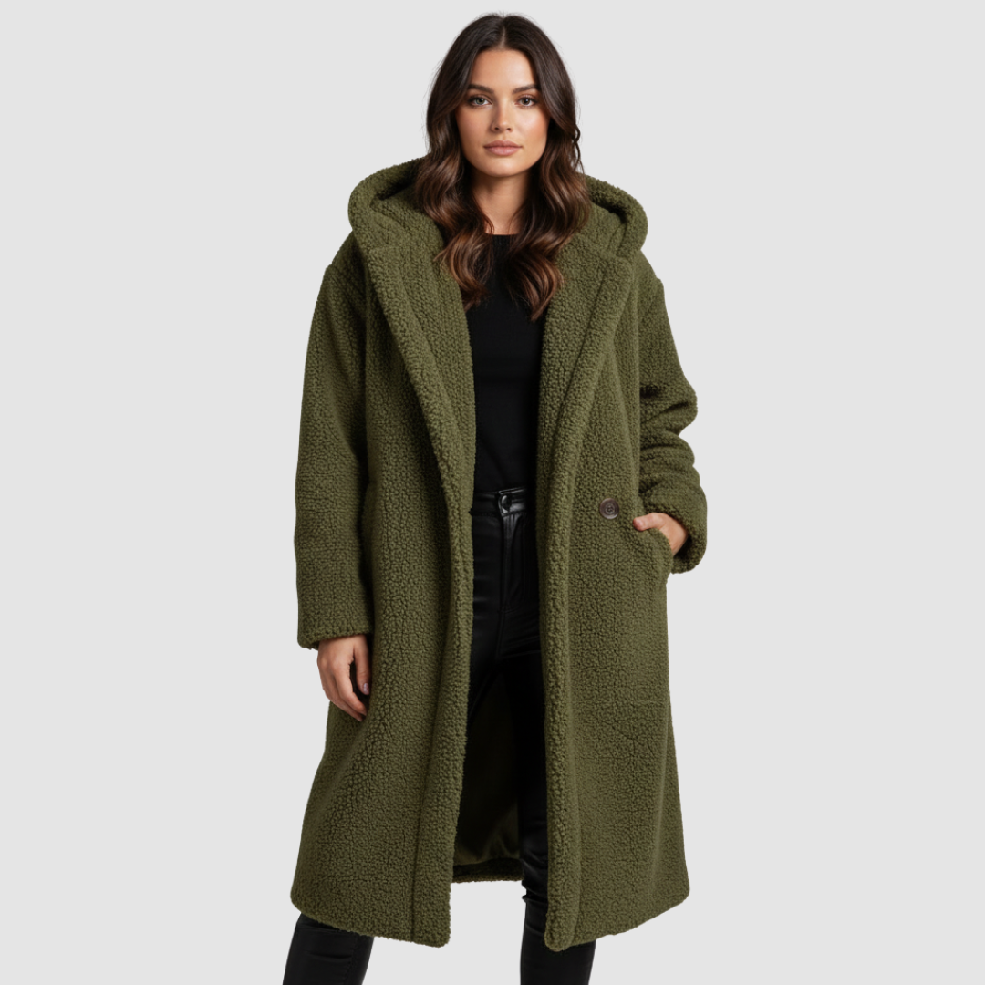 Monika Grün Langer Sherpa Teddy-Mantel mit Kapuze für Damen | Oversized Wintermantel Casual - M/L/XL/2XL/3XL