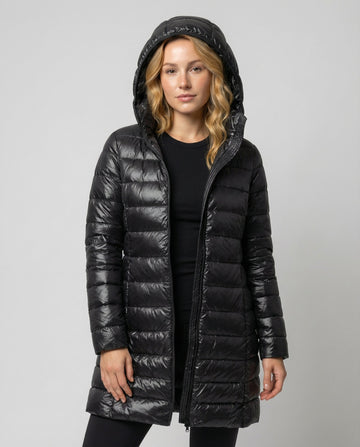 Vreni Schwarz Leichte Slim-Fit Daunenjacke mit Kapuze für Damen | Longline Entendaunen Winter - S/M/L/XL/2XL/3XL