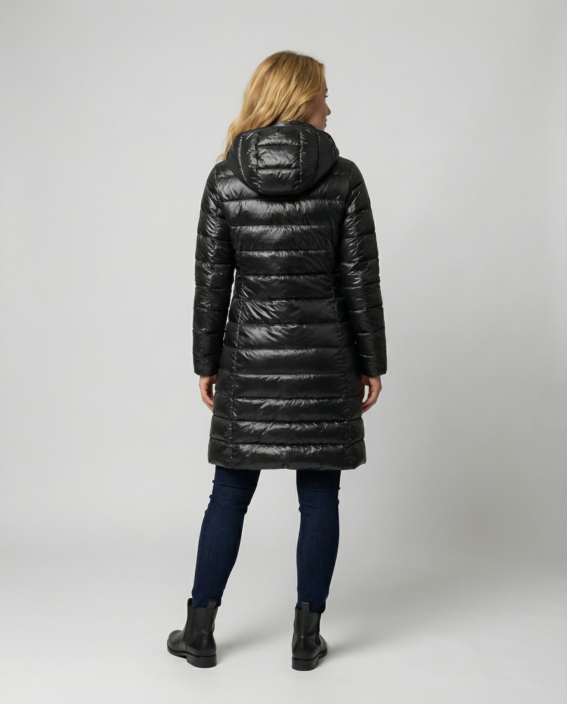 Vreni Schwarz Leichte Slim-Fit Daunenjacke mit Kapuze für Damen | Longline Entendaunen Winter - S/M/L/XL/2XL/3XL