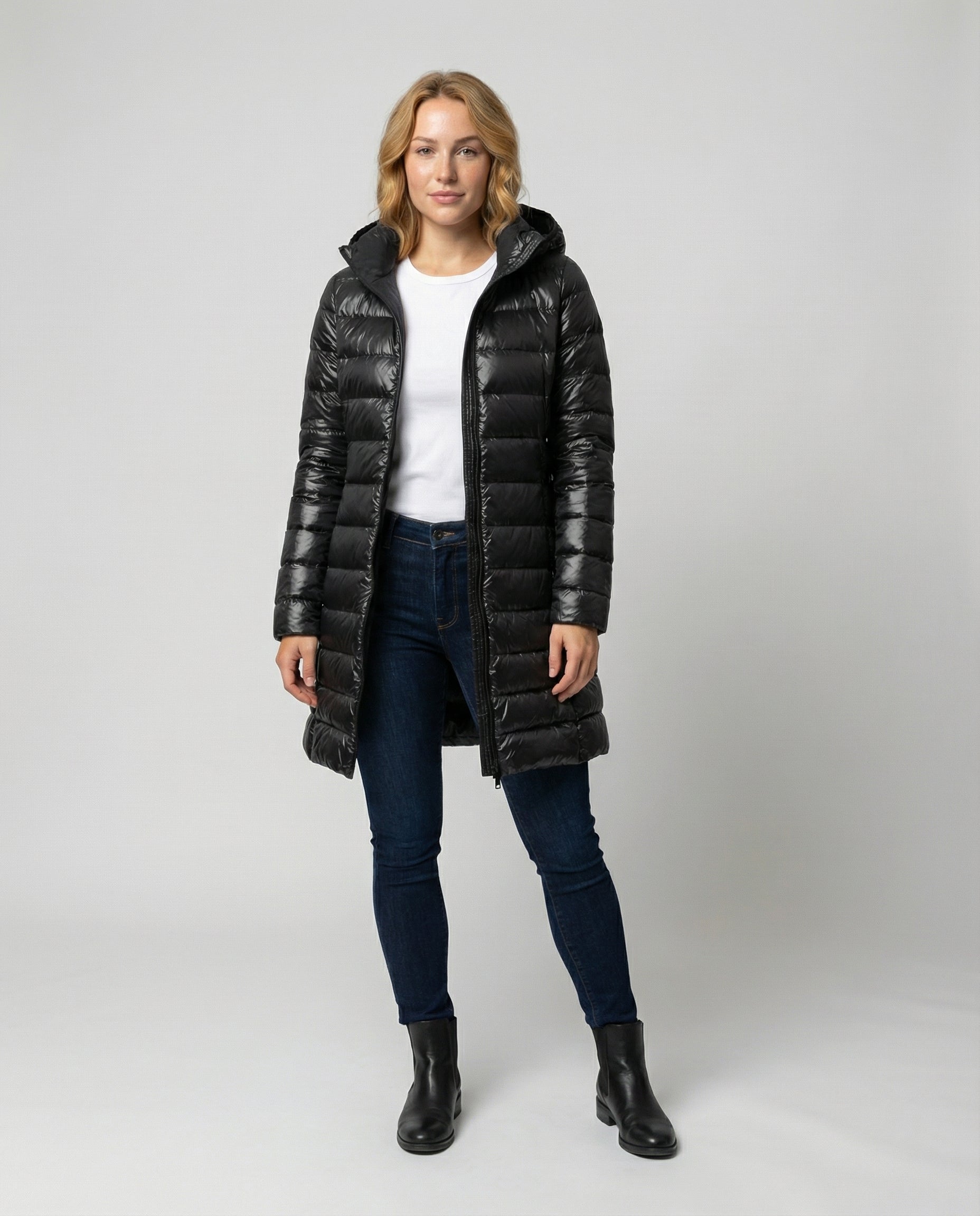 Vreni Schwarz Leichte Slim-Fit Daunenjacke mit Kapuze für Damen | Longline Entendaunen Winter - S/M/L/XL/2XL/3XL
