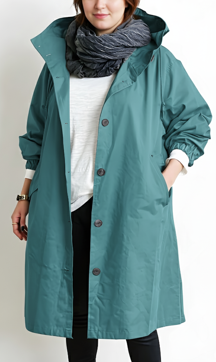 Olga Grau Langer Mantel mit Kapuze für Damen | Übergrösse Übergangsmantel Baumwolle - L/XL/2XL/3XL/4XL