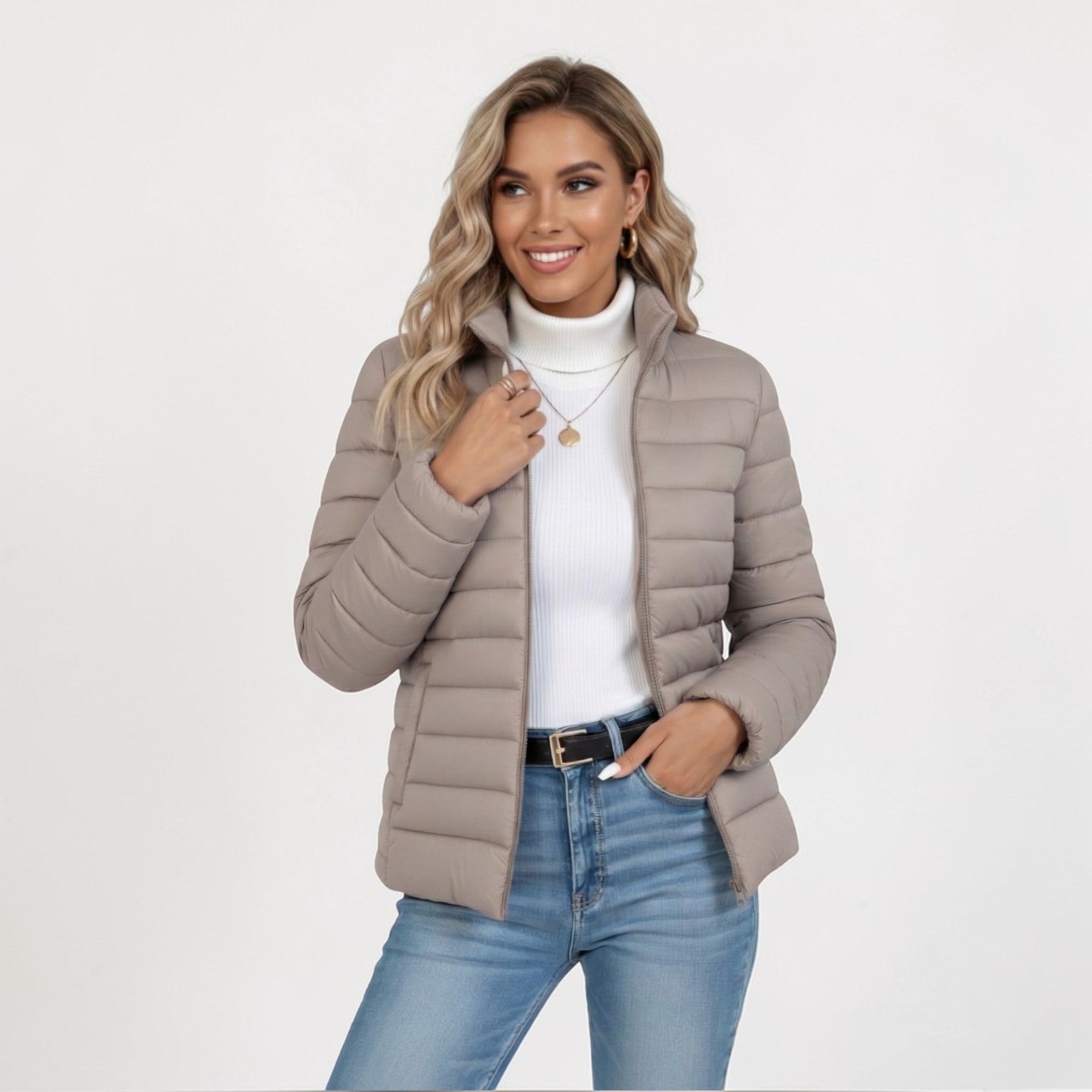 Lisette Grau Leichte Steppjacke für Damen | Slim Fit Stehkragen Herbst Winter - S/M/L/XL/2XL