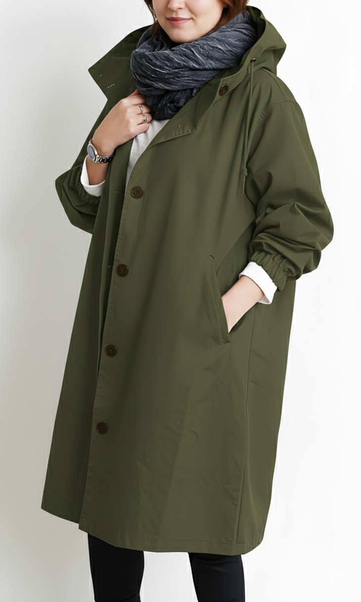 Olga Grau Langer Mantel mit Kapuze für Damen | Übergrösse Übergangsmantel Baumwolle - L/XL/2XL/3XL/4XL