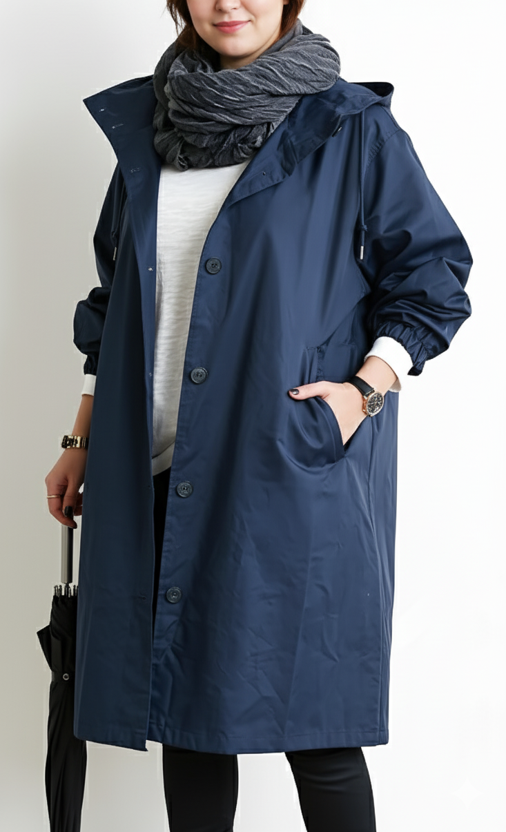 Olga Grau Langer Mantel mit Kapuze für Damen | Übergrösse Übergangsmantel Baumwolle - L/XL/2XL/3XL/4XL