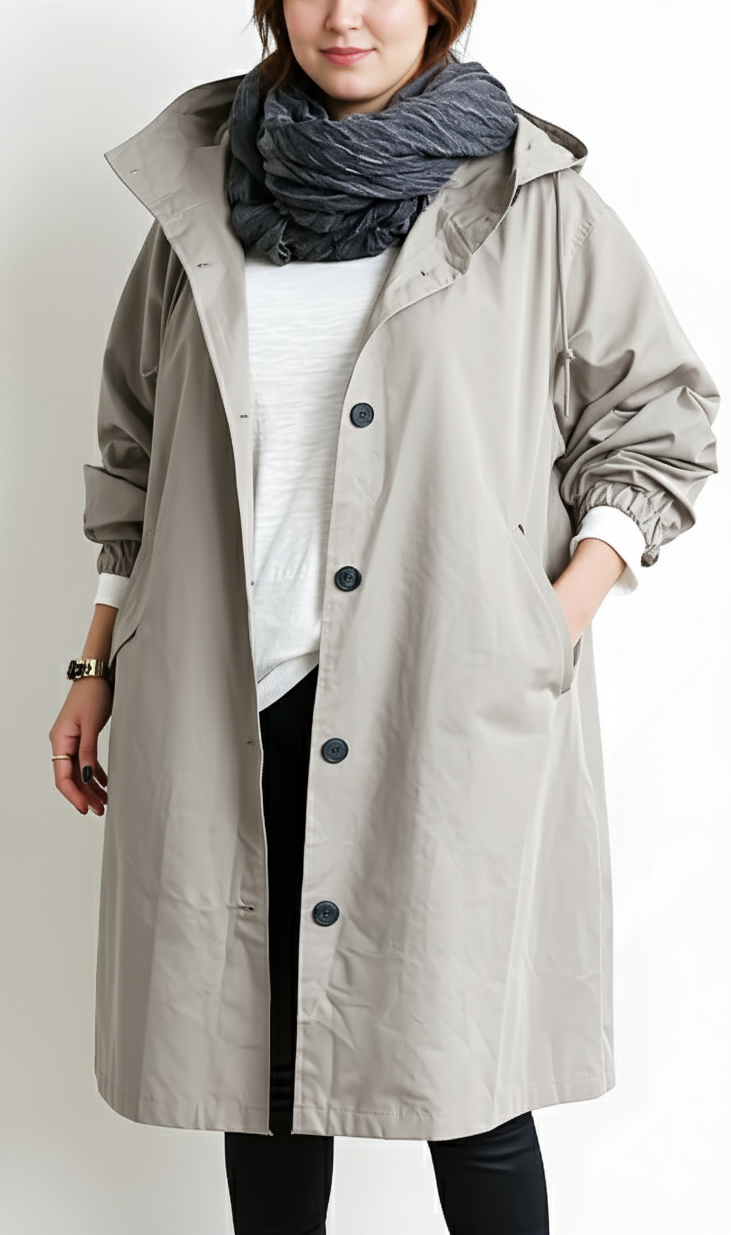 Olga Grau Langer Mantel mit Kapuze für Damen | Übergrösse Übergangsmantel Baumwolle - L/XL/2XL/3XL/4XL