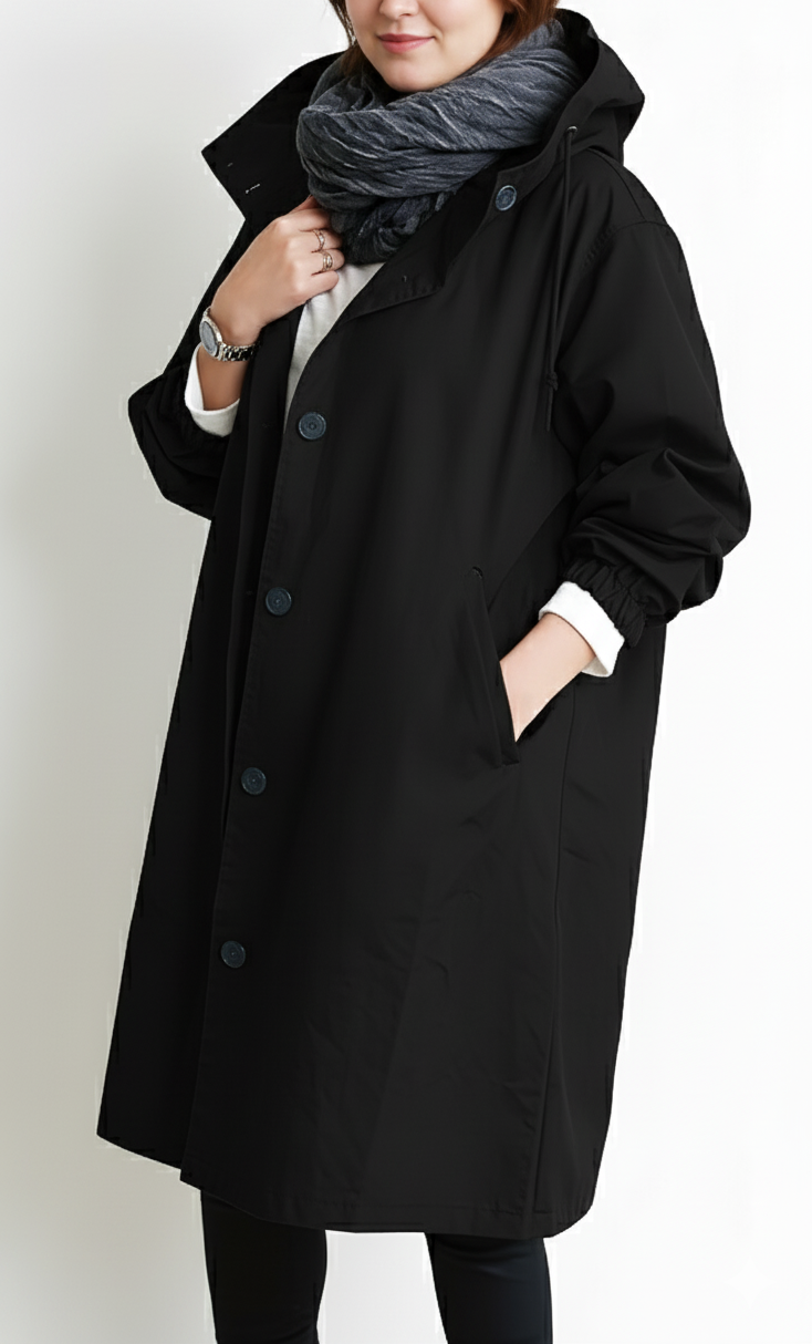 Olga Grau Langer Mantel mit Kapuze für Damen | Übergrösse Übergangsmantel Baumwolle - L/XL/2XL/3XL/4XL
