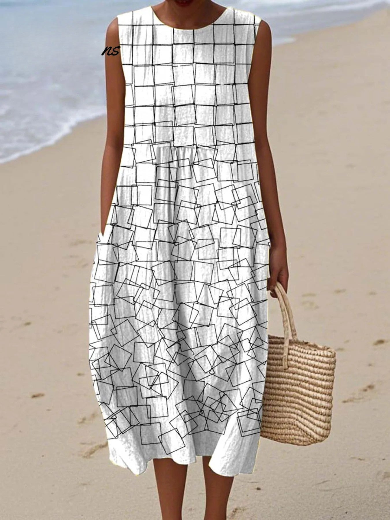 Hilde Weiß Geometrisches Ärmelloses Midi-Sommerkleid für Damen | Leicht mit Taschen - S-5XL
