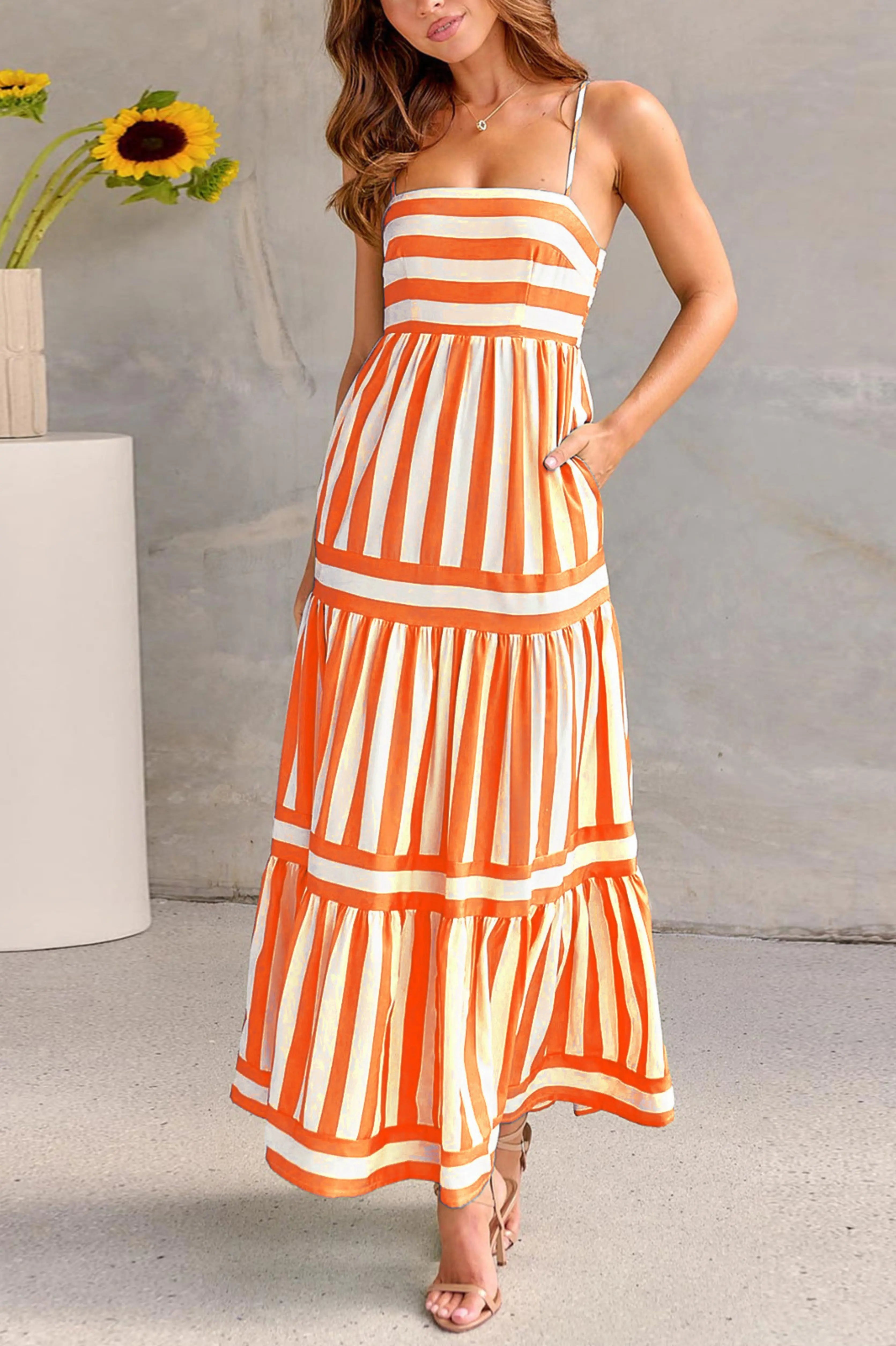 Gestri Women's Maxikleid | Verstellbare Träger, Fließender Stufenrock 2