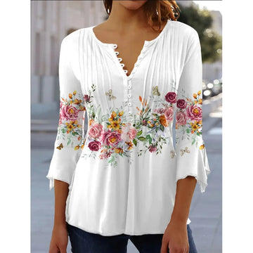 Gina Damen Bluse | 3D Druck, V-Ausschnitt, 3/4-Ärmel 0