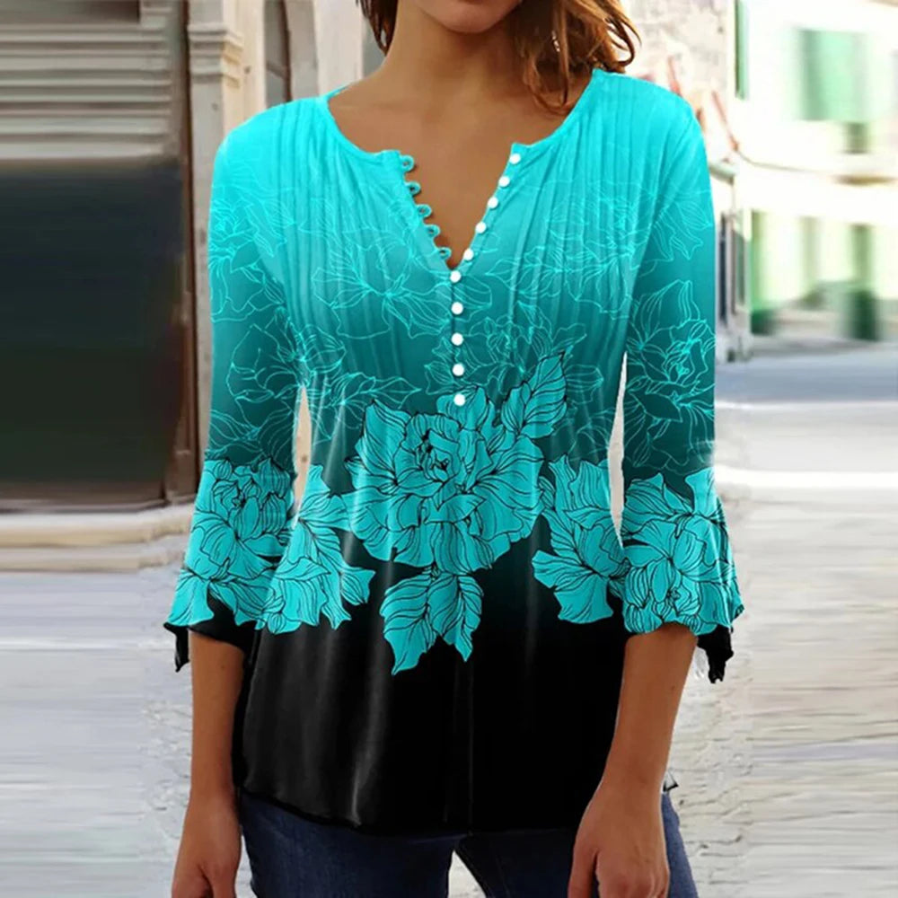 Gina Damen Bluse | 3D Druck, V-Ausschnitt, 3/4-Ärmel 10