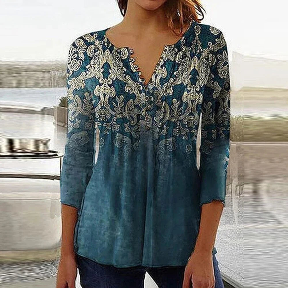 Gina Damen Bluse | 3D Druck, V-Ausschnitt, 3/4-Ärmel 11