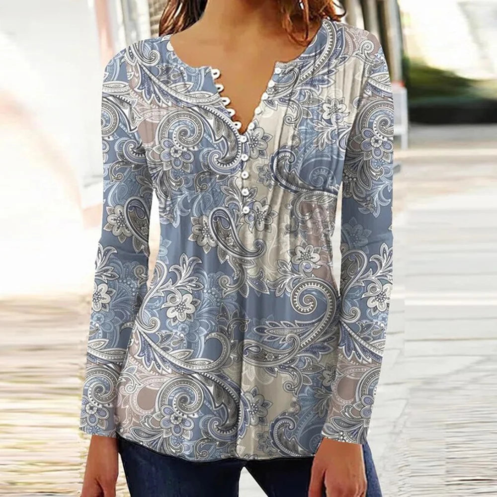 Gina Damen Bluse | 3D Druck, V-Ausschnitt, 3/4-Ärmel 12