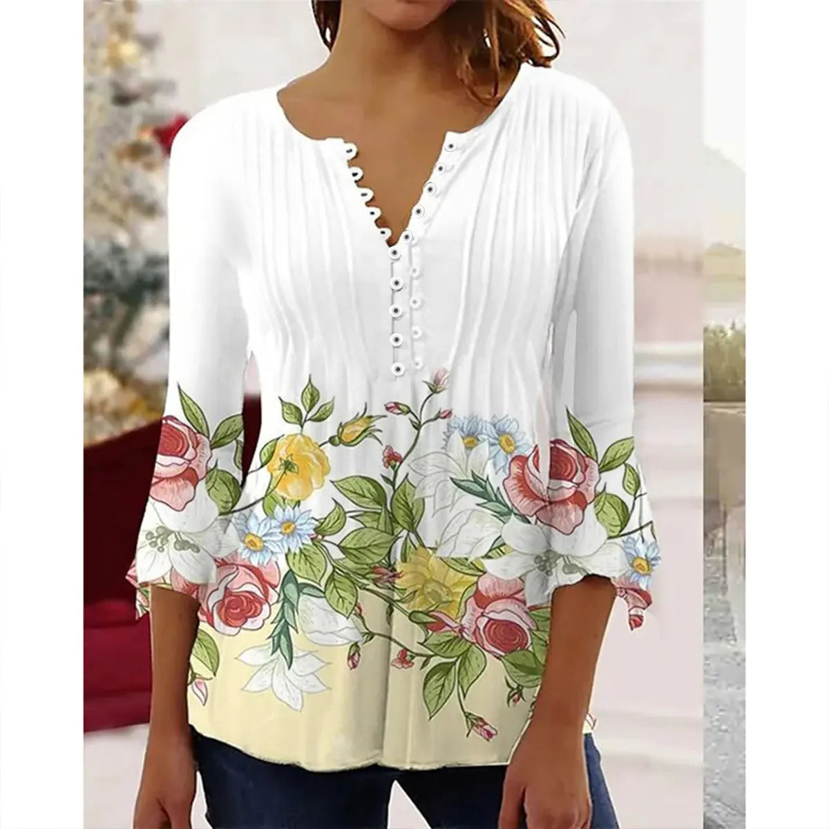Gina Damen Bluse | 3D Druck, V-Ausschnitt, 3/4-Ärmel 15