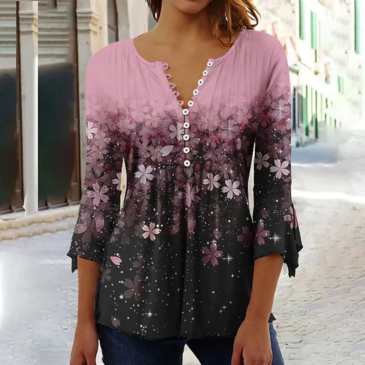 Gina Damen Bluse | 3D Druck, V-Ausschnitt, 3/4-Ärmel 17