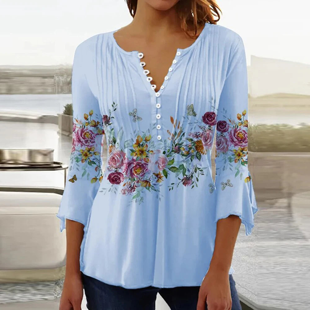 Gina Damen Bluse | 3D Druck, V-Ausschnitt, 3/4-Ärmel 19