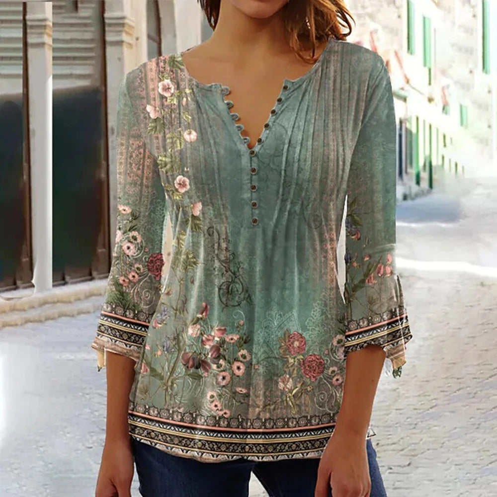 Gina Damen Bluse | 3D Druck, V-Ausschnitt, 3/4-Ärmel 21