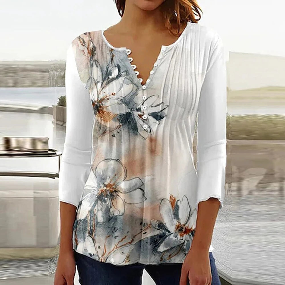 Gina Damen Bluse | 3D Druck, V-Ausschnitt, 3/4-Ärmel 22