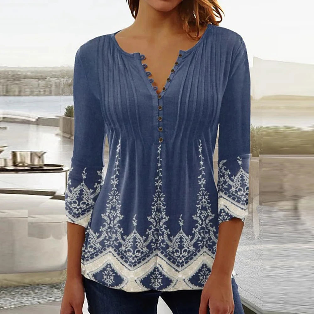 Gina Damen Bluse | 3D Druck, V-Ausschnitt, 3/4-Ärmel 23