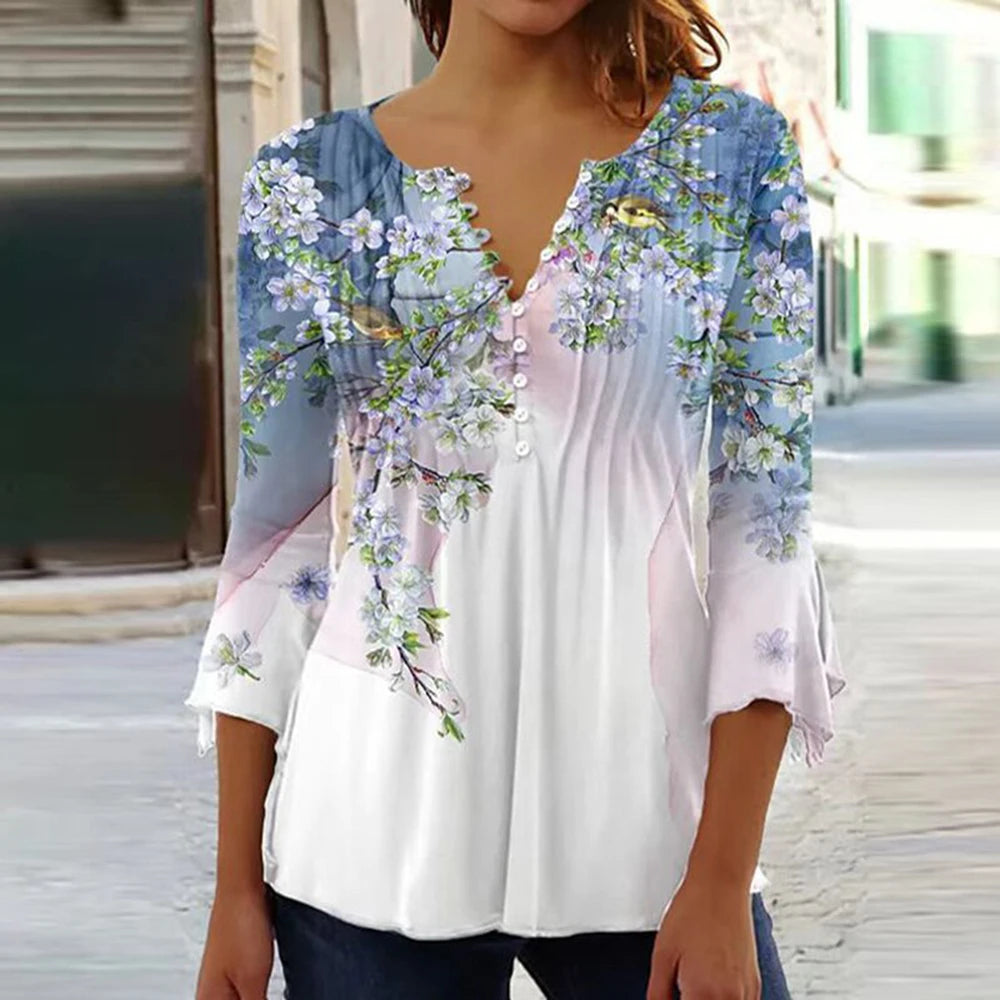 Gina Damen Bluse | 3D Druck, V-Ausschnitt, 3/4-Ärmel 25
