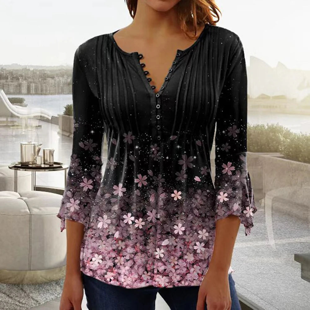 Gina Damen Bluse | 3D Druck, V-Ausschnitt, 3/4-Ärmel 26
