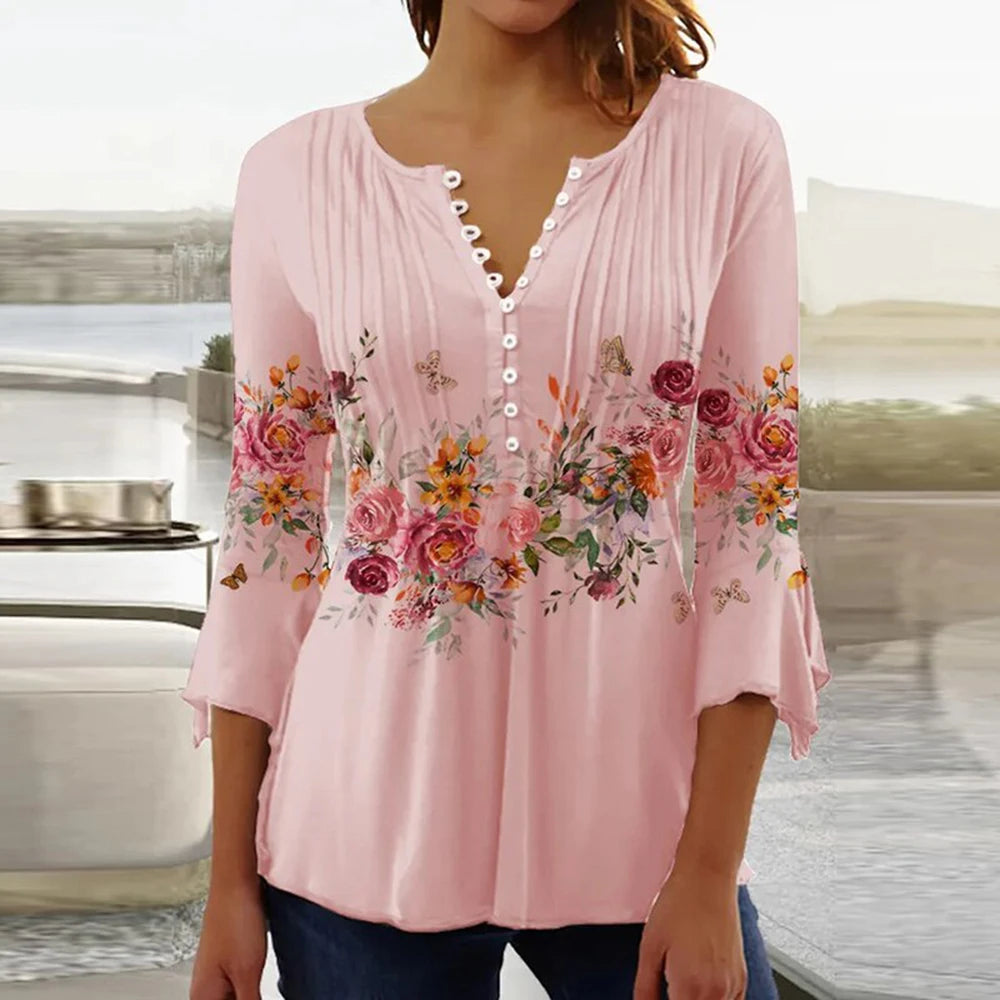 Gina Damen Bluse | 3D Druck, V-Ausschnitt, 3/4-Ärmel 4
