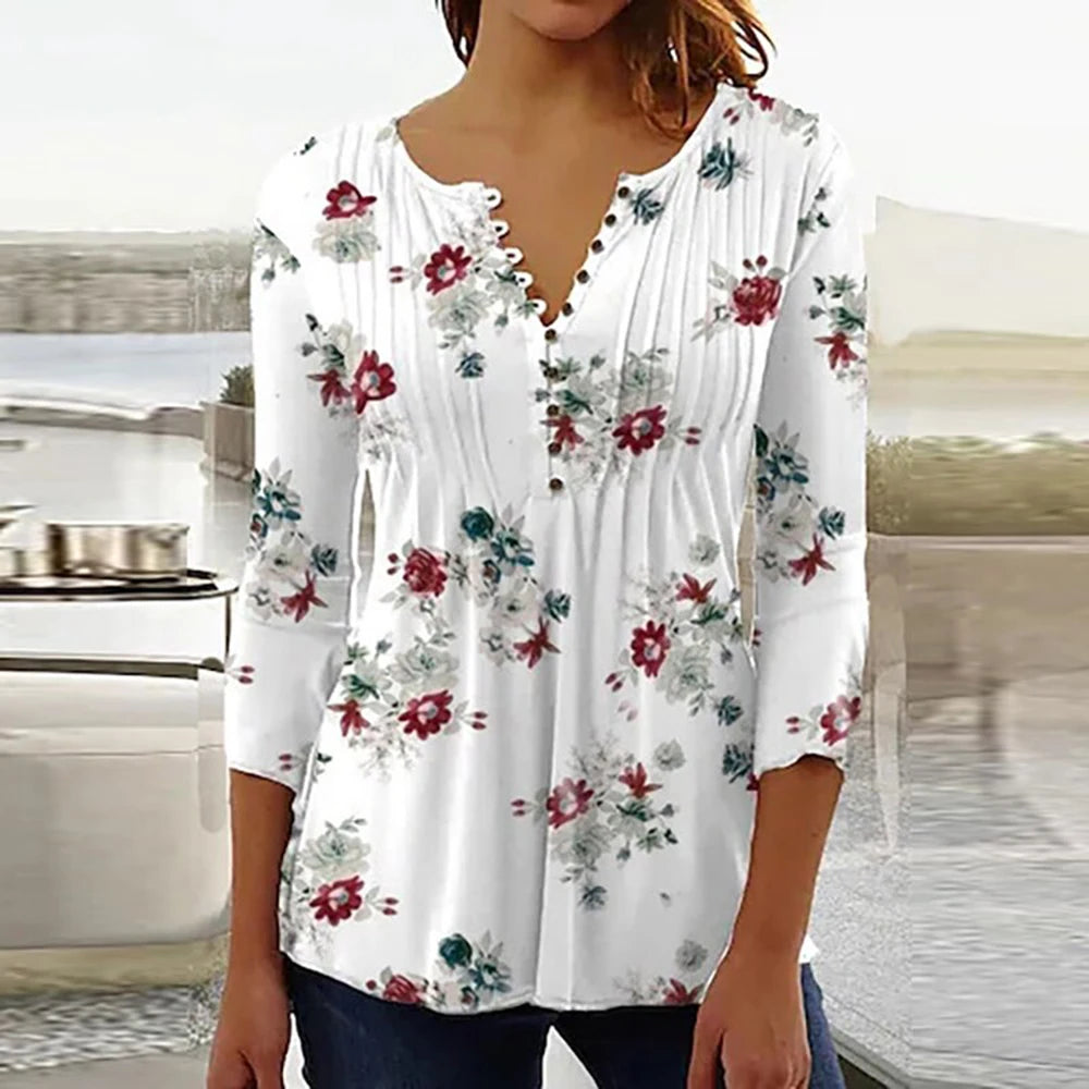 Gina Damen Bluse | 3D Druck, V-Ausschnitt, 3/4-Ärmel 6