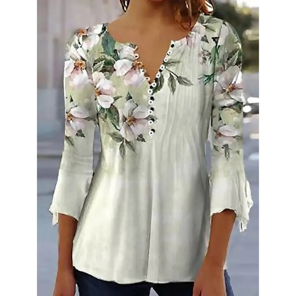 Gina Damen Bluse | 3D Druck, V-Ausschnitt, 3/4-Ärmel 9