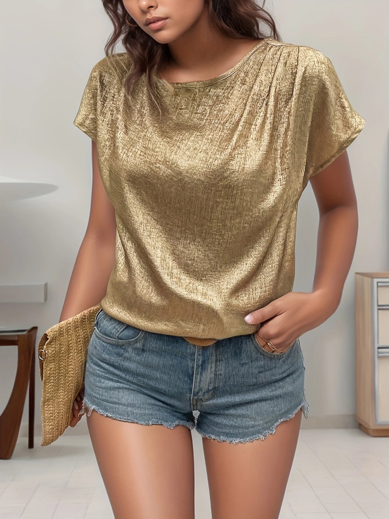 Gina Damen T-Shirt | Lockere Passform, Goldfarbenes Design 0