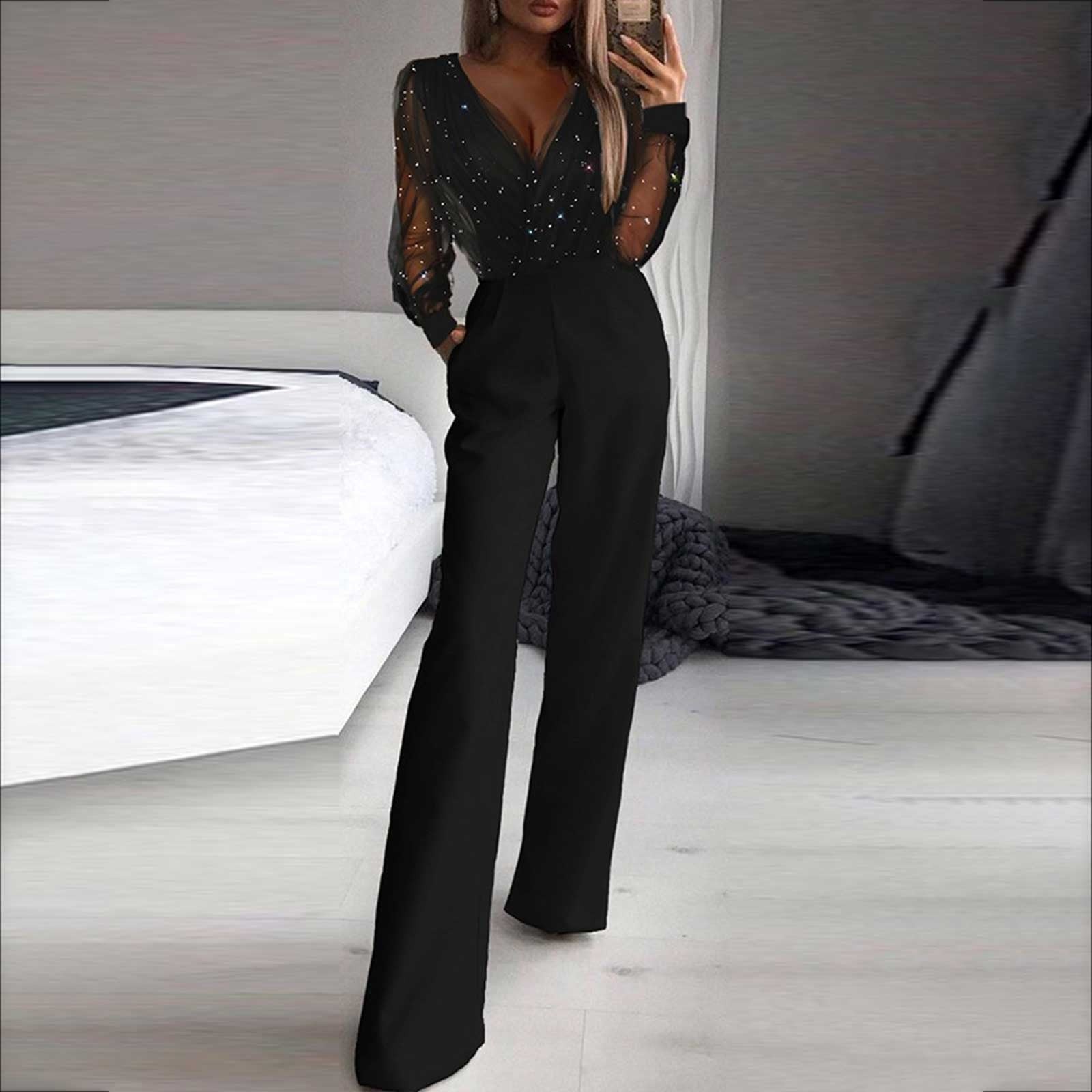 Glimma Damen Jumpsuit | Glitzer-Mesh, Weite Beine 0