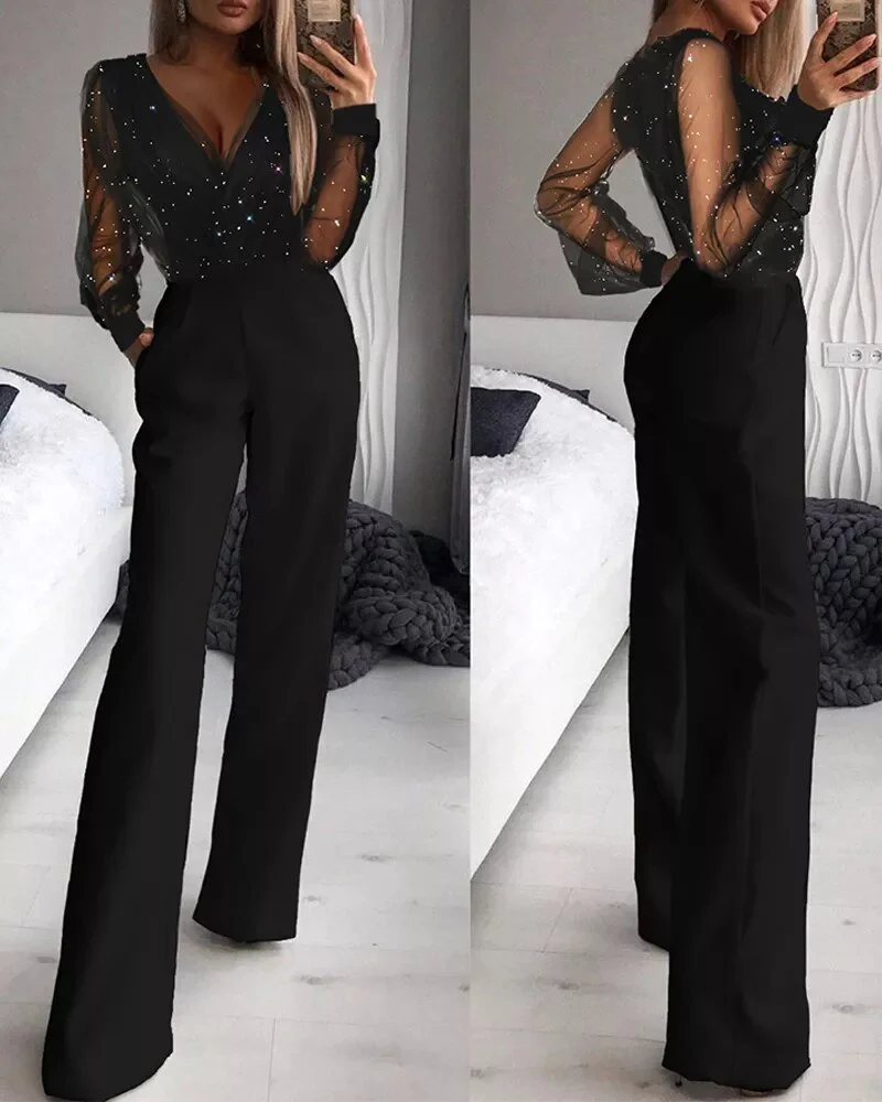 Glimma Damen Jumpsuit | Glitzer-Mesh, Weite Beine 1