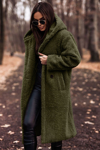 Monika Grün Langer Sherpa Teddy-Mantel mit Kapuze für Damen | Oversized Wintermantel Casual - M/L/XL/2XL/3XL