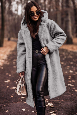 Monika Grün Langer Sherpa Teddy-Mantel mit Kapuze für Damen | Oversized Wintermantel Casual - M/L/XL/2XL/3XL