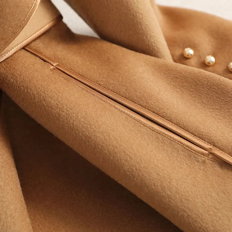 Walburga Wüste Taupe Langer Mantel mit Reverskragen und Bindegürtel für Damen | Eleganter Herbst- und Wintermantel - XS/S/M/L/XL