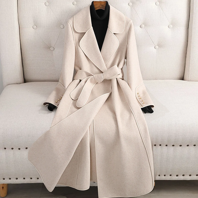 Walburga Wüste Taupe Langer Mantel mit Reverskragen und Bindegürtel für Damen | Eleganter Herbst- und Wintermantel - XS/S/M/L/XL