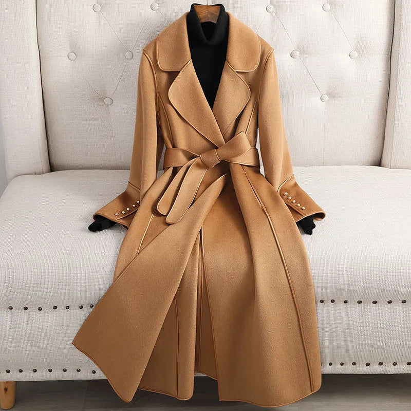 Walburga Wüste Taupe Langer Mantel mit Reverskragen und Bindegürtel für Damen | Eleganter Herbst- und Wintermantel - XS/S/M/L/XL