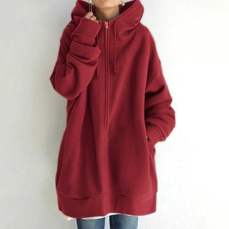 Agnes Grau Oversized Longline Zip-Hoodie-Jacke mit Kapuze für Damen | Winter Casual - S/M/L/XL/2XL/3XL/4XL/5XL