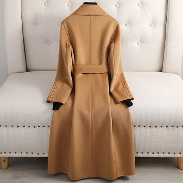 Walburga Wüste Taupe Langer Mantel mit Reverskragen und Bindegürtel für Damen | Eleganter Herbst- und Wintermantel - XS/S/M/L/XL