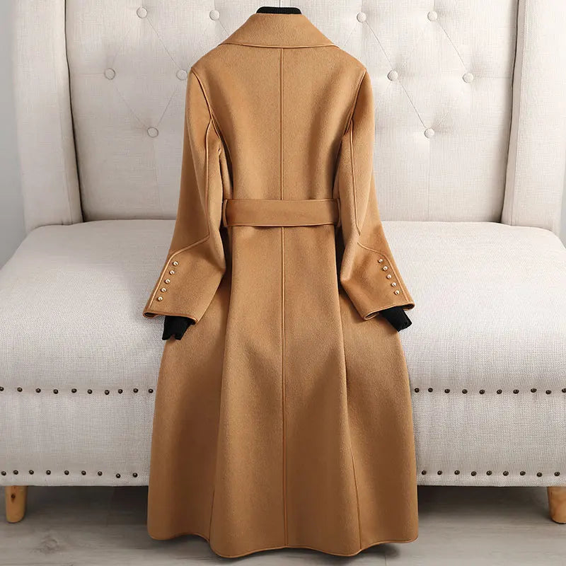 Walburga Wüste Taupe Langer Mantel mit Reverskragen und Bindegürtel für Damen | Eleganter Herbst- und Wintermantel - XS/S/M/L/XL