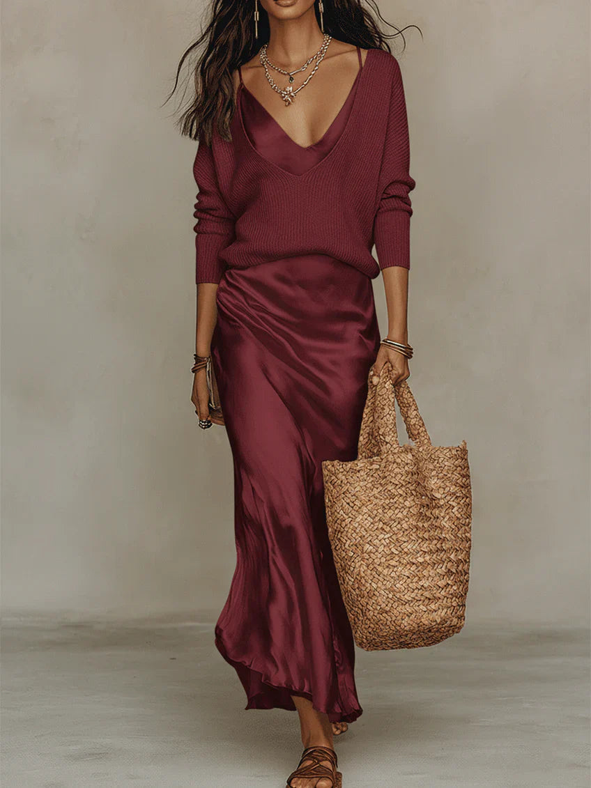 Hanna Damen Midikleid Set | Satin mit passendem Pullover 8