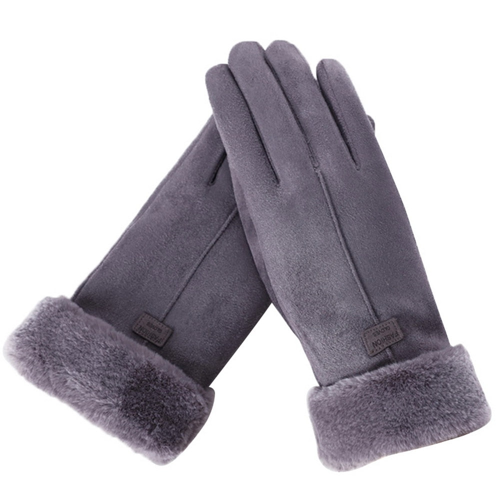 Beatrice Blau Wasserdichte Winterhandschuhe für Damen mit Kunstfell-Bündchen | Touchscreen-Funktion Veloursleder-Optik Casual