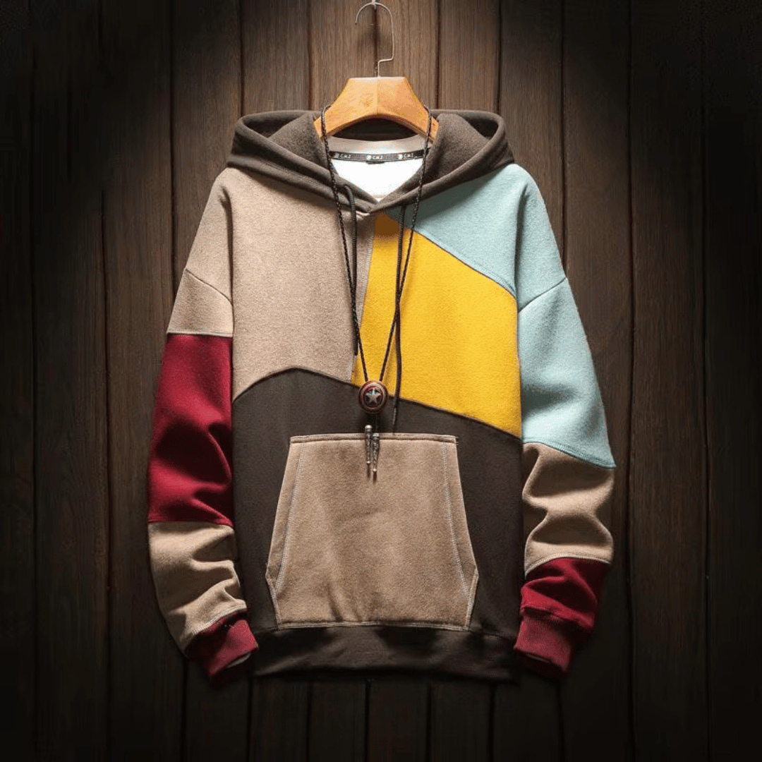 Beat Blau/Braun Mehrfarbiger Color-Block Hoodie mit Kapuze für Herren | Casual Freizeit - S/M/L/XL/2XL/3XL