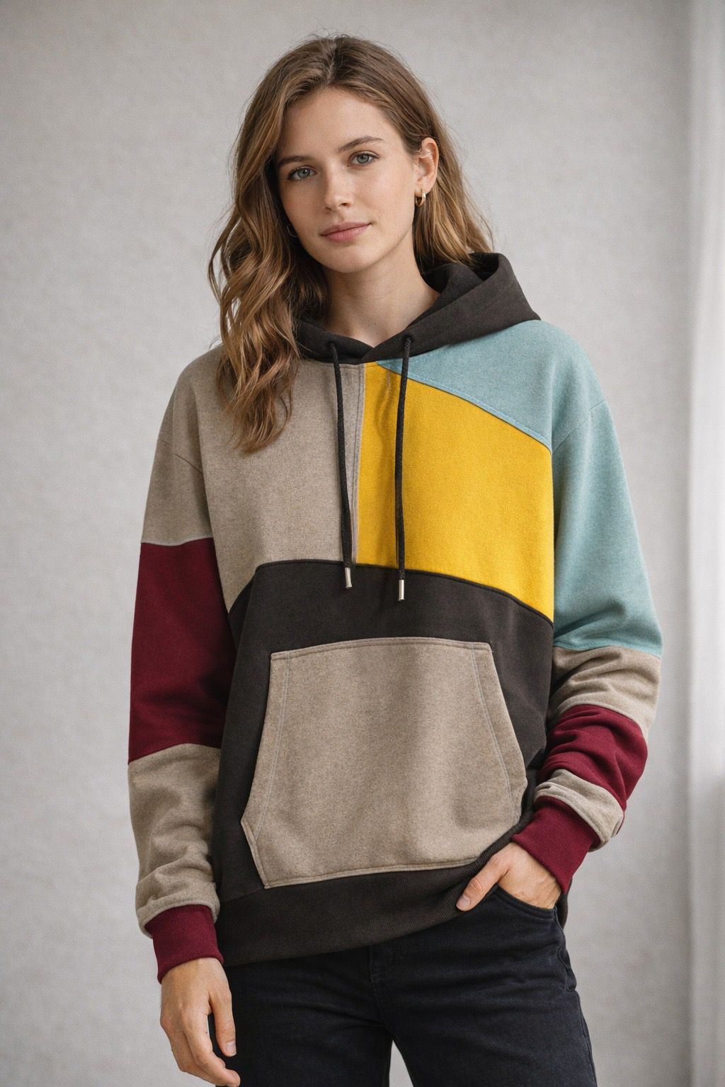 Beat Blau/Braun Mehrfarbiger Color-Block Hoodie mit Kapuze für Herren | Casual Freizeit - S/M/L/XL/2XL/3XL