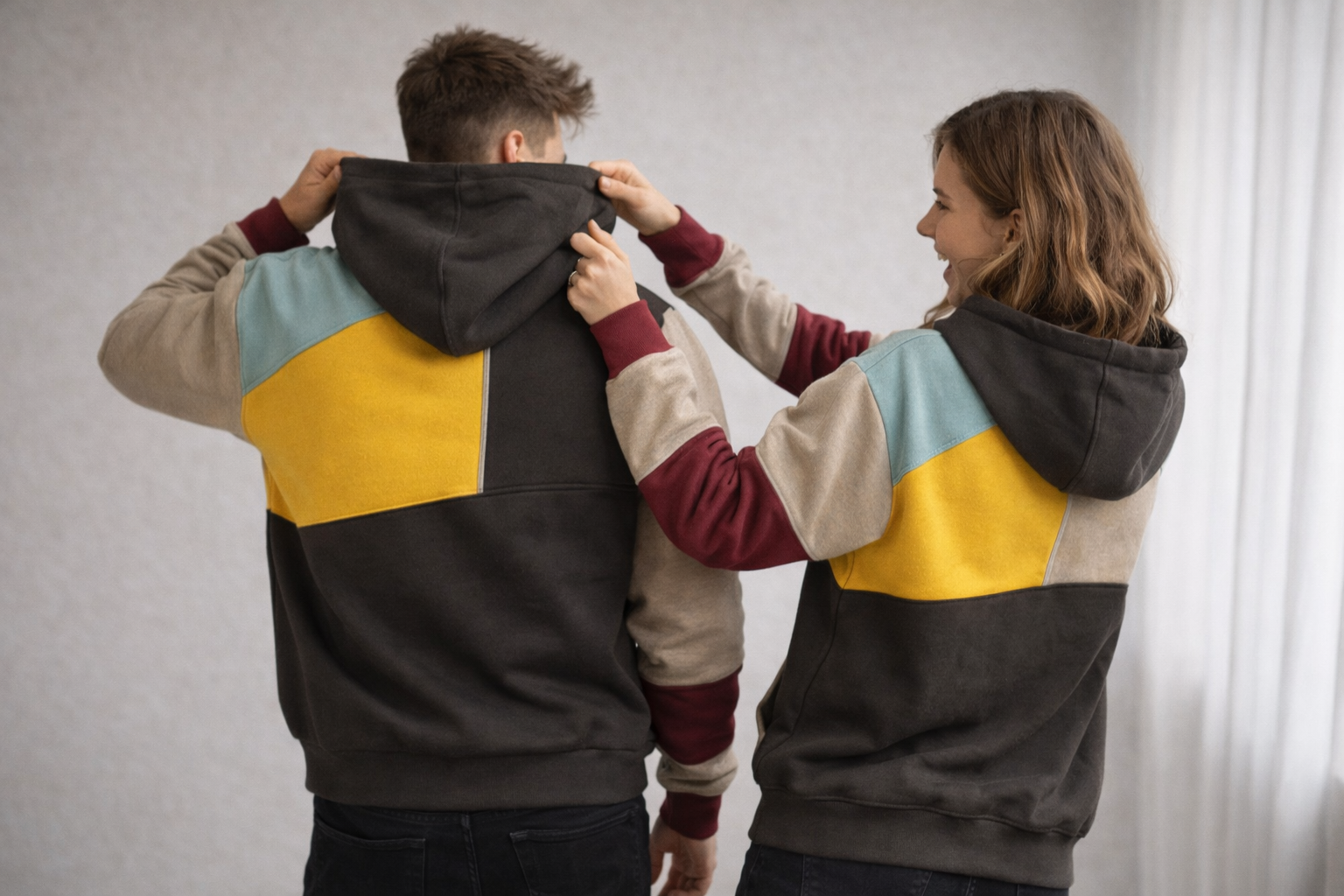 Beat Blau/Braun Mehrfarbiger Color-Block Hoodie mit Kapuze für Herren | Casual Freizeit - S/M/L/XL/2XL/3XL