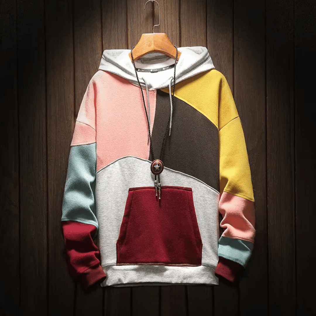 Beat Blau/Braun Mehrfarbiger Color-Block Hoodie mit Kapuze für Herren | Casual Freizeit - S/M/L/XL/2XL/3XL