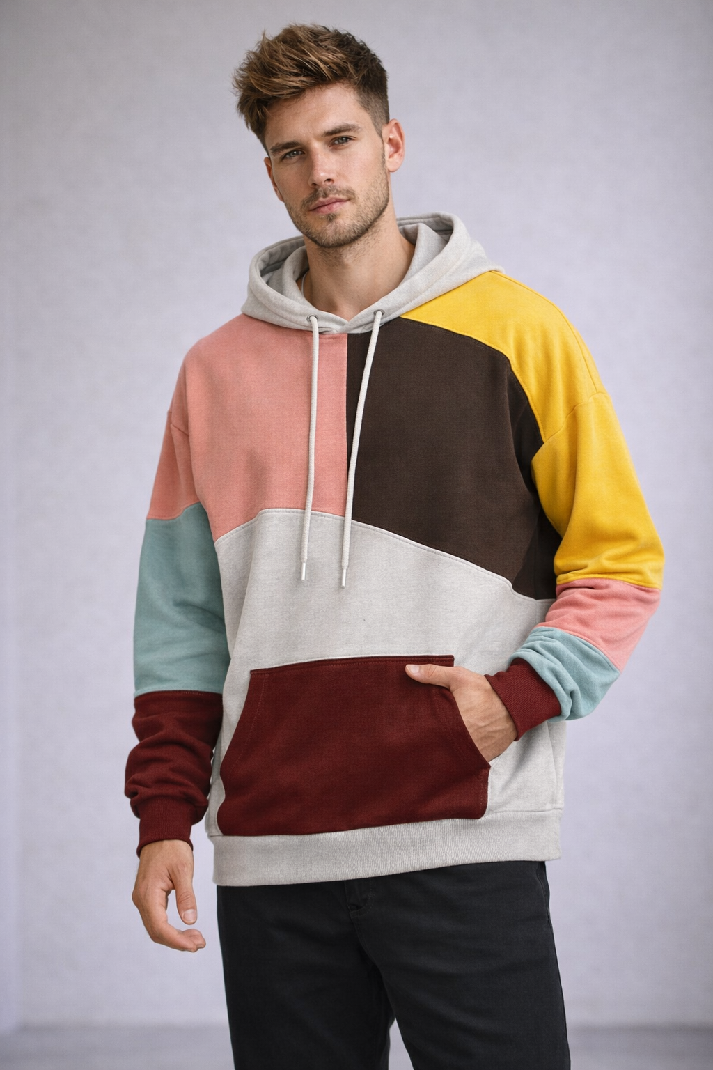 Beat Blau/Braun Mehrfarbiger Color-Block Hoodie mit Kapuze für Herren | Casual Freizeit - S/M/L/XL/2XL/3XL